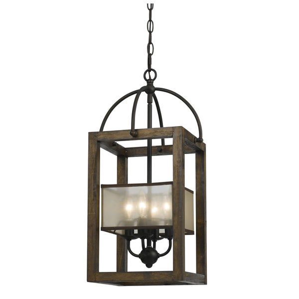 4 Bulb Chandelier With Wooden Frame And Organza Striped Shade Brown