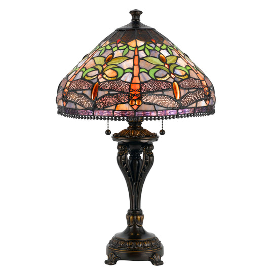 Tiffany Table Lamp with Metal Body and Dragonfly Design Shade Multicolor