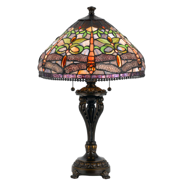 Tiffany Table Lamp with Metal Body and Dragonfly Design Shade Multicolor