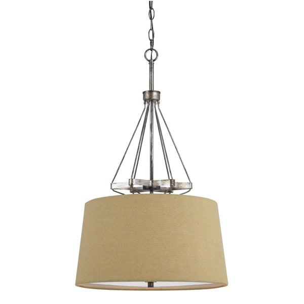 3 Bulb Pendent With Round Burlap Shade And Metal Frame Beige