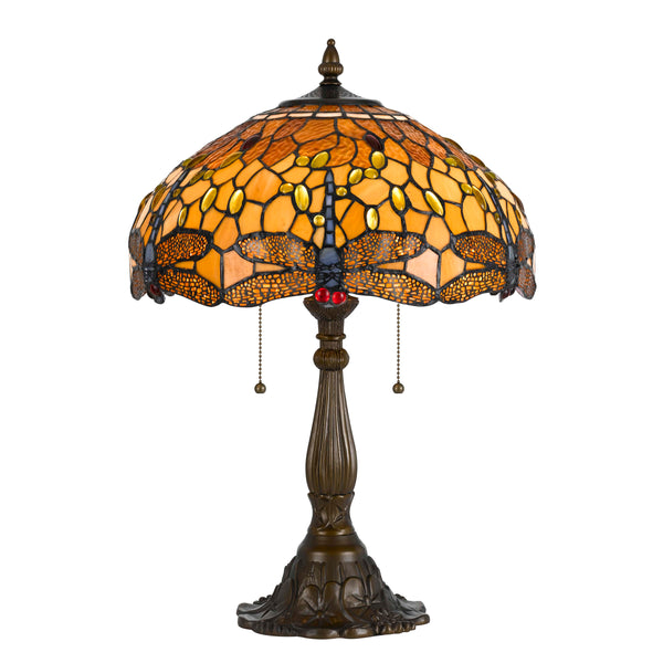 2 Bulb Tiffany Table Lamp with Dragonfly Design Shade Multicolor