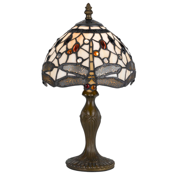 Metal Body Tiffany Table Lamp with Dragonfly Design Shade Multicolor