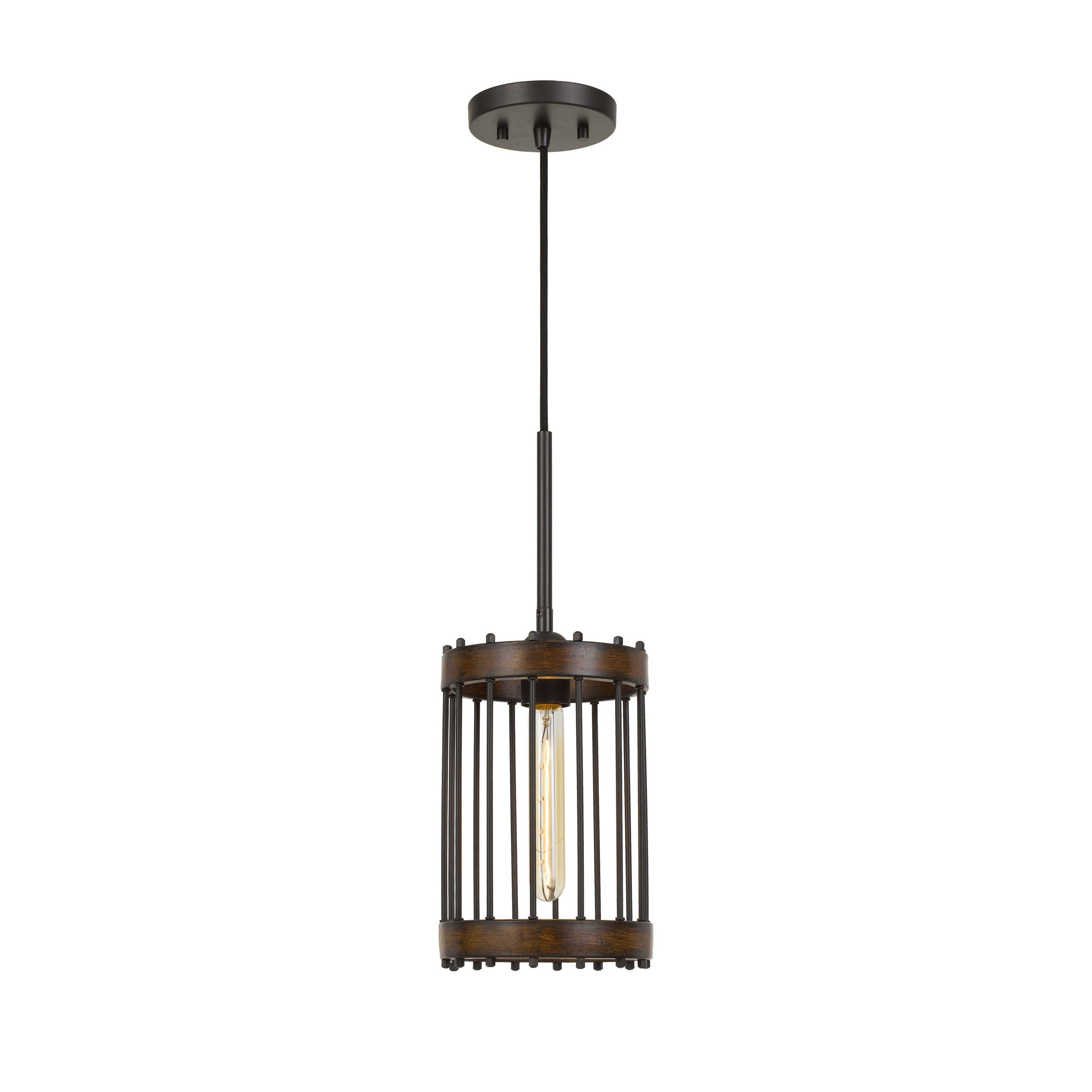 Caged Cylinder Design Metal Pendant Fixture With Canopy Black And Brown-zoom-1