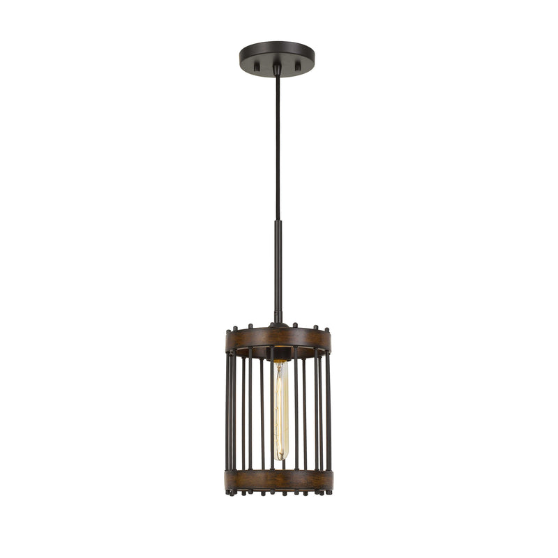 Caged Cylinder Design Metal Pendant Fixture With Canopy Black And Brown-zoom-