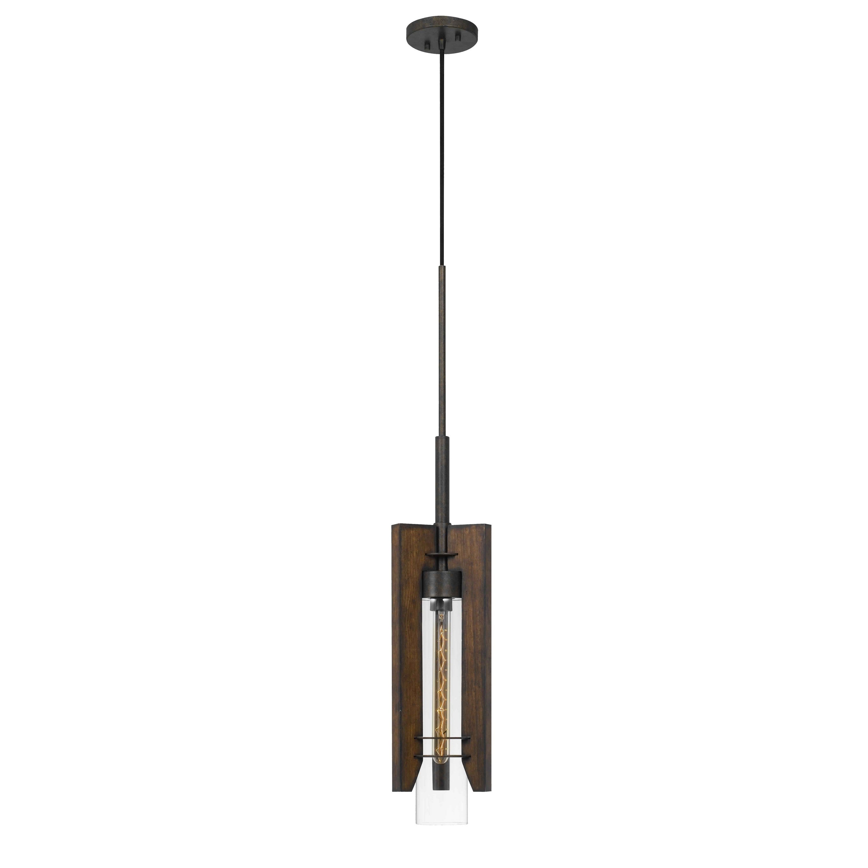 60 Watt Metal Frame Pendant Fixture With Wood And Glass Shade Brown-zoom-1