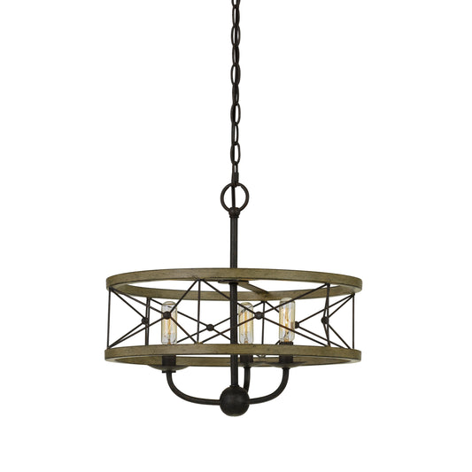 3 Bulb Hanging Pendant Fixture With Wooden And Metal Frame Brown And Black
