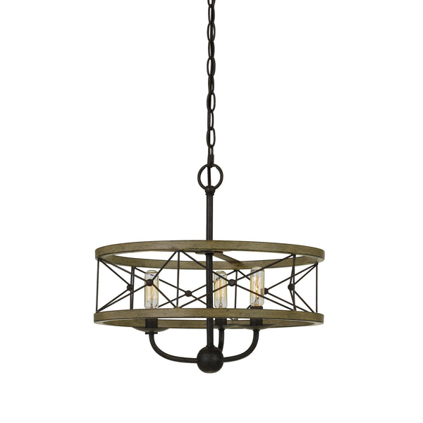 3 Bulb Hanging Pendant Fixture With Wooden And Metal Frame Brown And Black