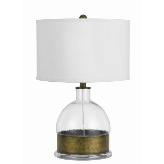 3 Way Table Lamp with Glass Round Base and Antique Brass Accent White