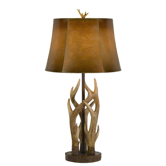 150 Watt Leatherette Shade Table Lamp with Antler Polyresin Base Brown