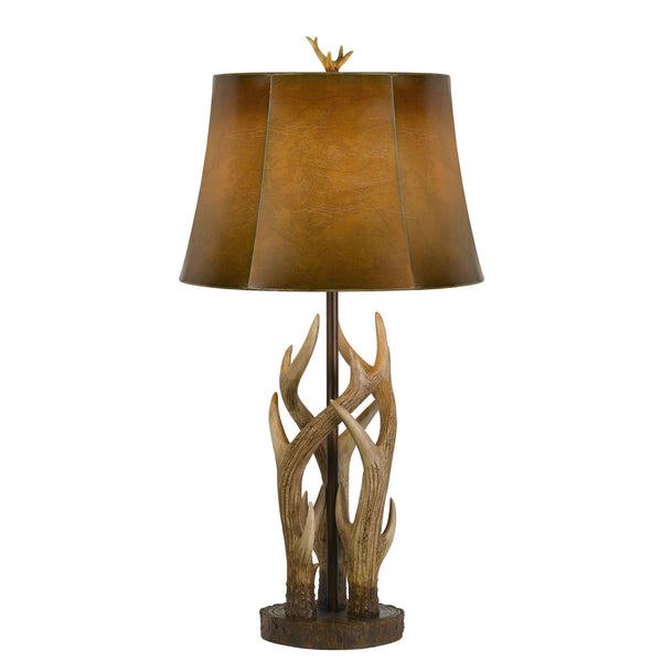 150 Watt Leatherette Shade Table Lamp with Antler Polyresin Base Brown
