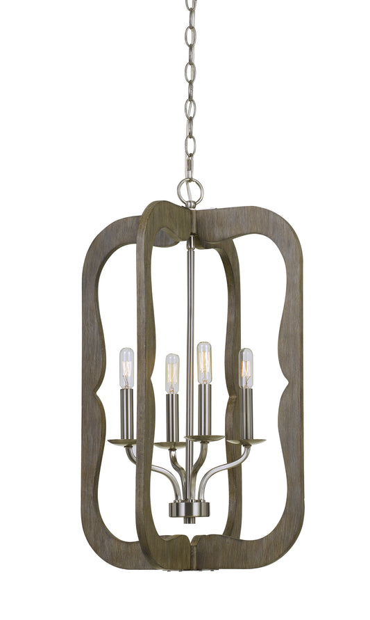 Wooden Cut Out Design Frame Pendant Fixture With Chain Distressed Brown