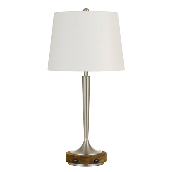 150W Metal Table Lamp with Oval Shade and 2 USB Outlets White and Silver