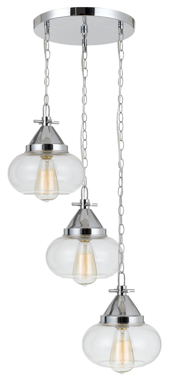 3 Bulb Wind Chime Design Pendant With Round Glass Shade And Chain Silver