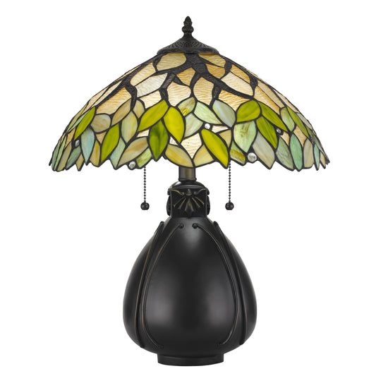 2 Bulb Tiffany Table Lamp with Leaf Design Glass Shade Multicolor