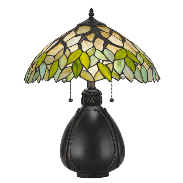 2 Bulb Tiffany Table Lamp with Leaf Design Glass Shade Multicolor