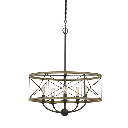 Round Wooden Frame Pendant Fixture With Metal Lattice Design Dark Bronze