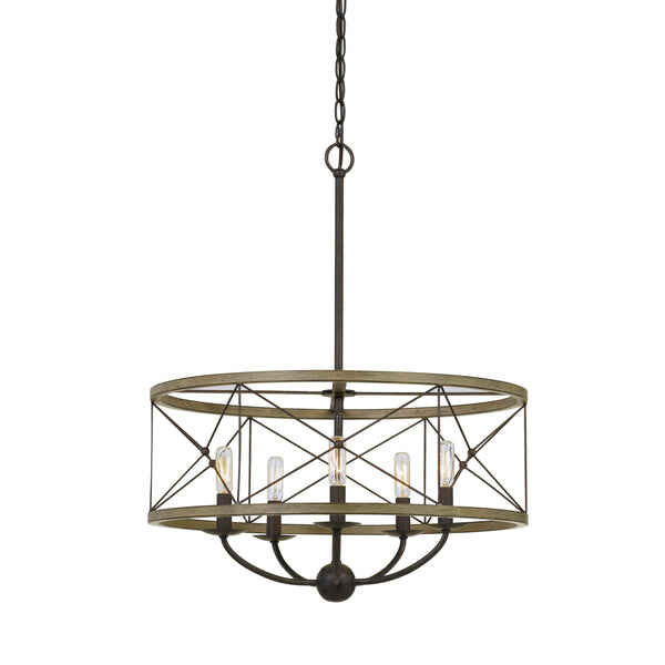 Round Wooden Frame Pendant Fixture With Metal Lattice Design Dark Bronze
