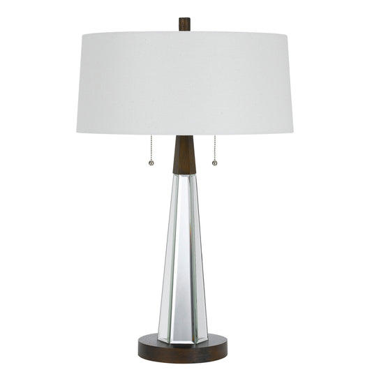 Fabric Shade Table Lamp with Faceted Mirror and Wooden Base White