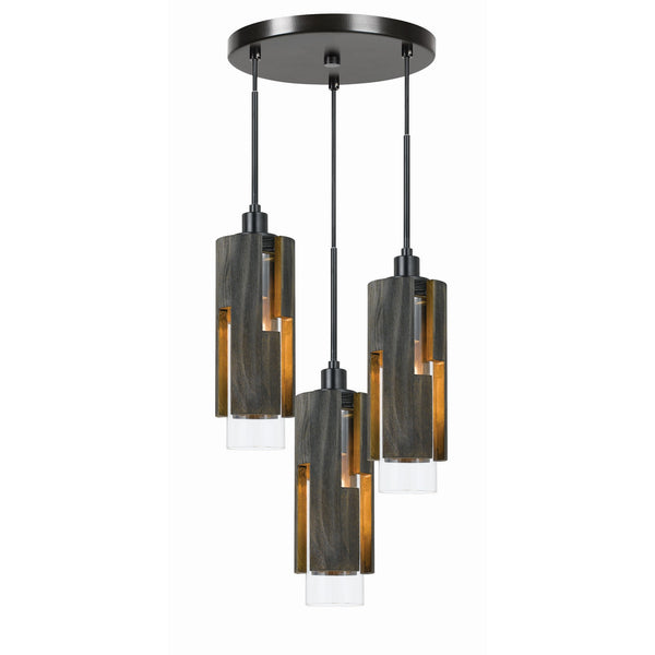 60 X 3 Watt Metal Pendant Fixture With Wood And Glass Shade Black