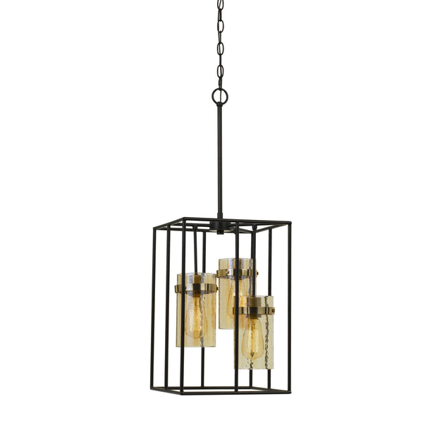 Rectangular Open Cage Design Pendant With Cylindrical Glass Shade Black