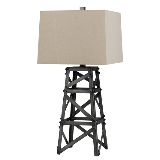Metal Body Table Lamp with Tower Design and Fabric Shade Gray and Beige
