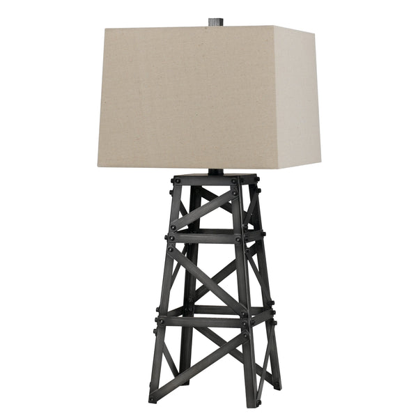 Metal Body Table Lamp with Tower Design and Fabric Shade Gray and Beige