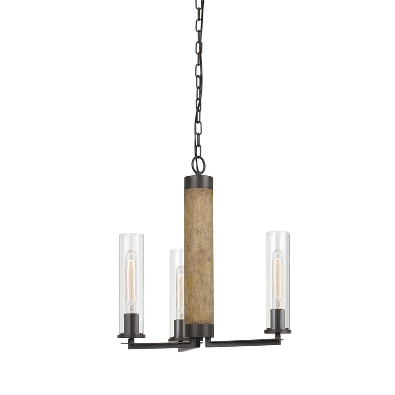 3 Glass Shade Metal And Wooden Chandelier With Chain Black And Clear-zoom-
