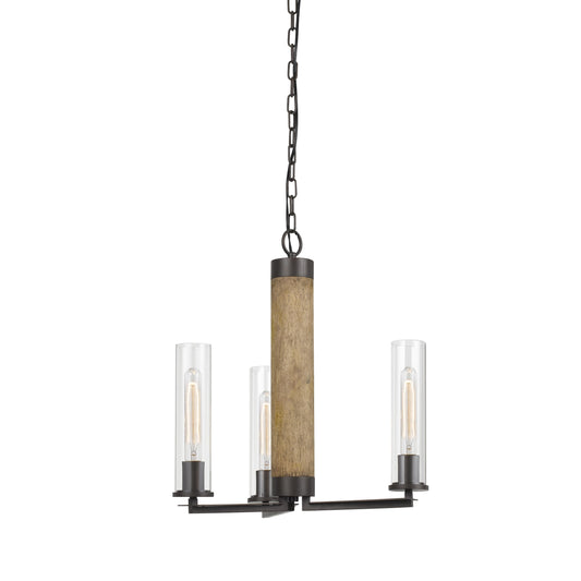 3 Glass Shade Metal And Wooden Chandelier With Chain Black And Clear