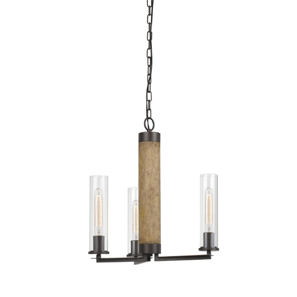 3 Glass Shade Metal And Wooden Chandelier With Chain Black And Clear