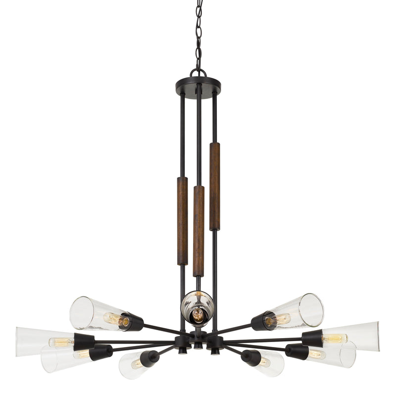 Metal Chandelier With Spoke Design Glass Shade And Wooden Accent Black-zoom-