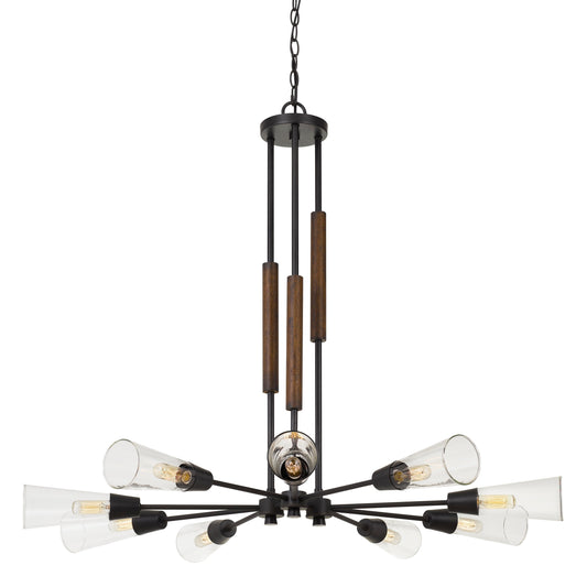 Metal Chandelier With Spoke Design Glass Shade And Wooden Accent Black