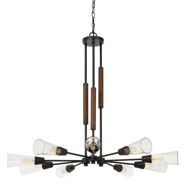 Metal Chandelier With Spoke Design Glass Shade And Wooden Accent Black