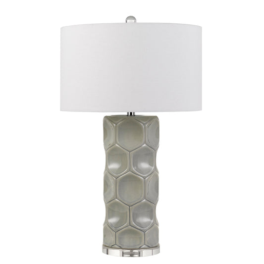 150 Watt Textured Ceramic Frame Table Lamp with Fabric Shade White and Gray