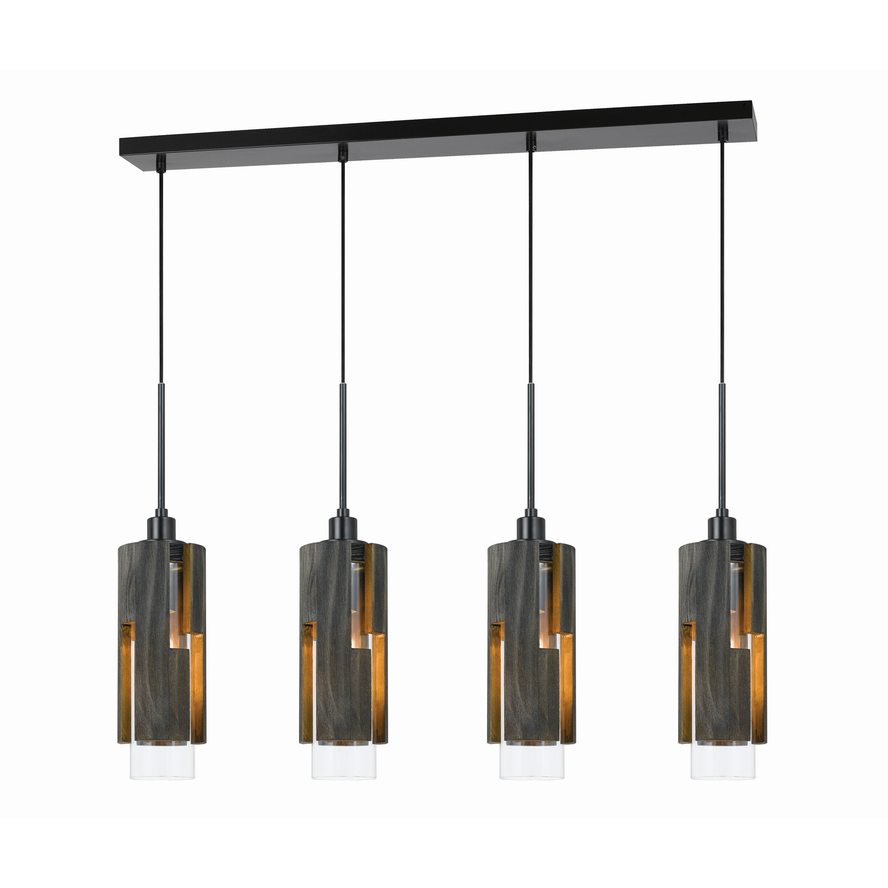 4 Light Metal Frame Pendant Fixture With Wooden And Glass Shades Gray-zoom-1