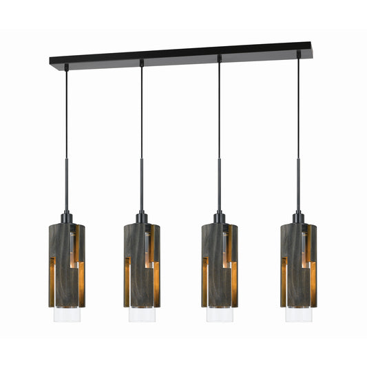4 Light Metal Frame Pendant Fixture With Wooden And Glass Shades Gray