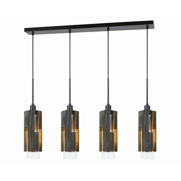 4 Light Metal Frame Pendant Fixture With Wooden And Glass Shades Gray