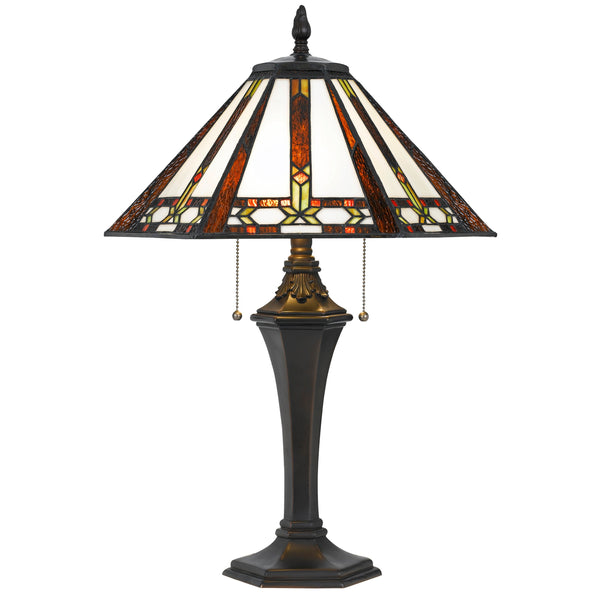 Tiffany Table Lamp with 2 Pull Switches and Resin Pedestal Body Bronze