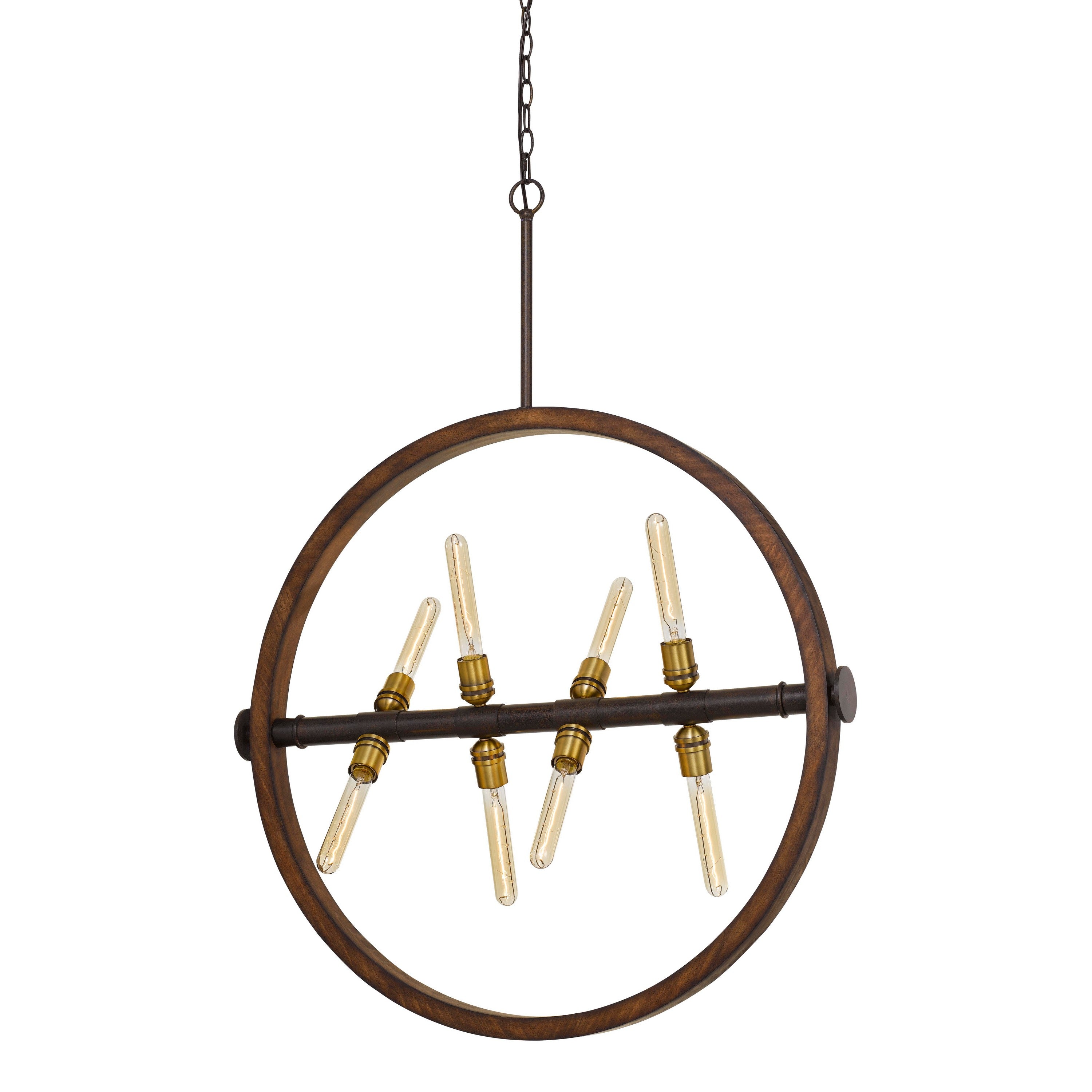 Round Wood Frame Chandelier With Metal Rod And Glass Shade bronze And Brown-zoom-1