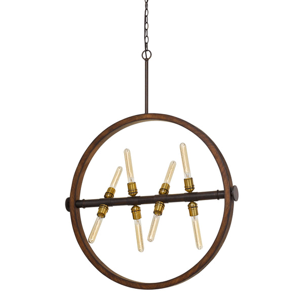 Round Wood Frame Chandelier With Metal Rod And Glass Shade bronze And Brown