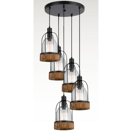 5 Bulb Wind Chime Design Pendant Fixture With Wooden And Glass Shade Black