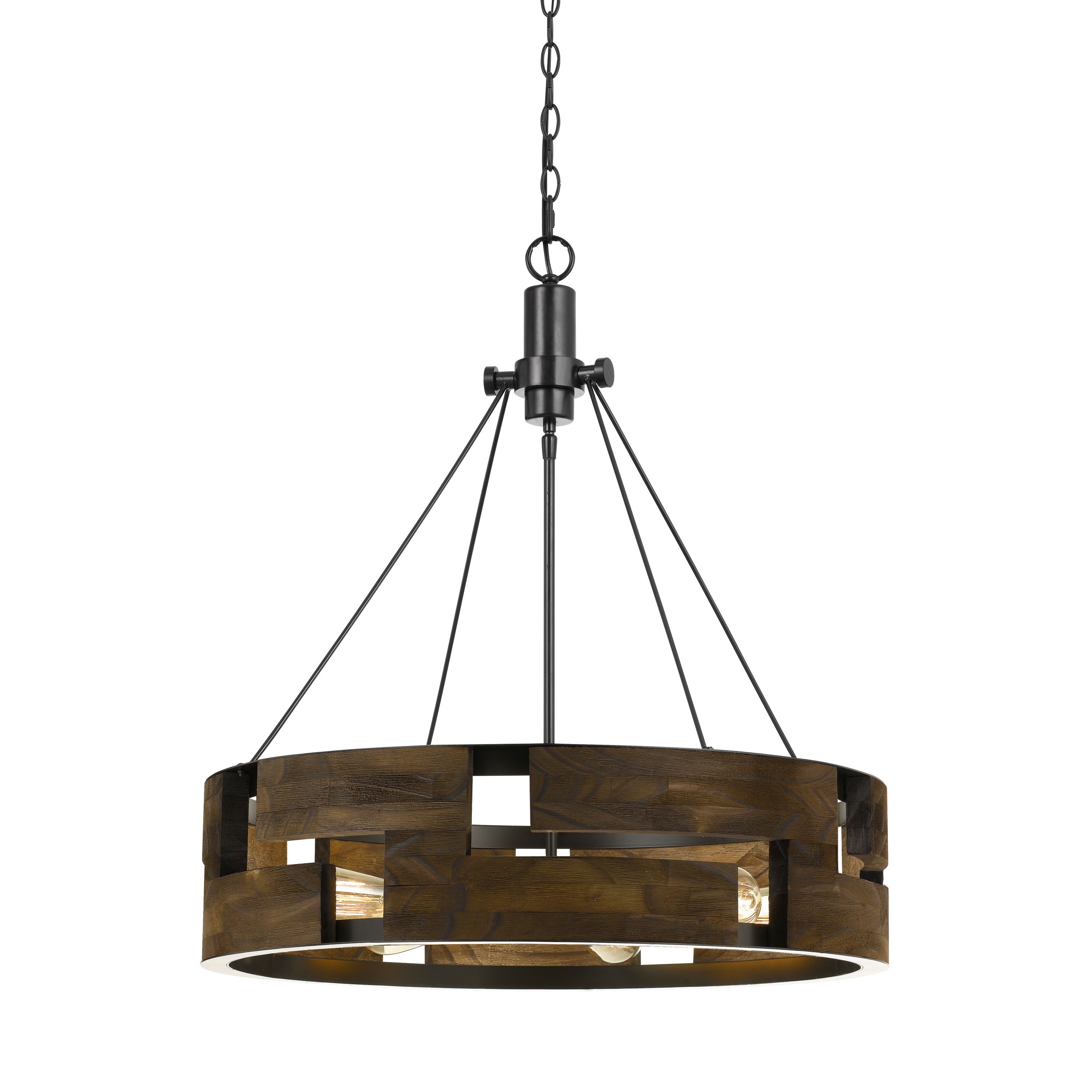 6 Bulb Round Wooden Frame Chandelier With Geometric Cut Our Design Brown