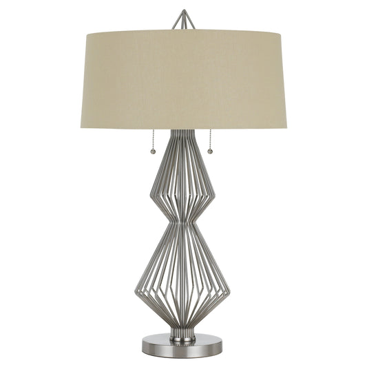 Geometric Body Metal Table Lamp with Fabric Drum Shade Silver and Beige