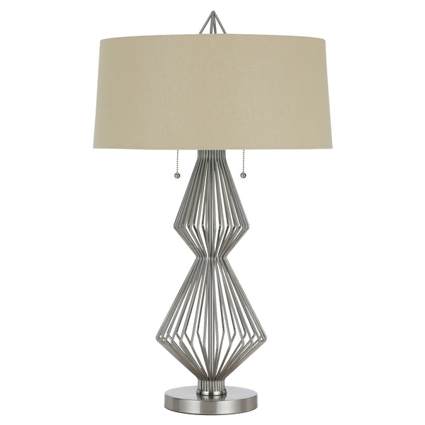 Geometric Body Metal Table Lamp with Fabric Drum Shade Silver and Beige