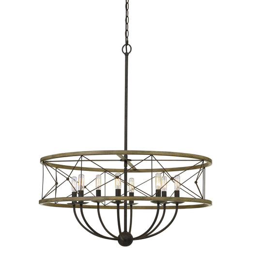 Round Wooden Frame Pendant Fixture With Metal Lattice Design Dark Bronze