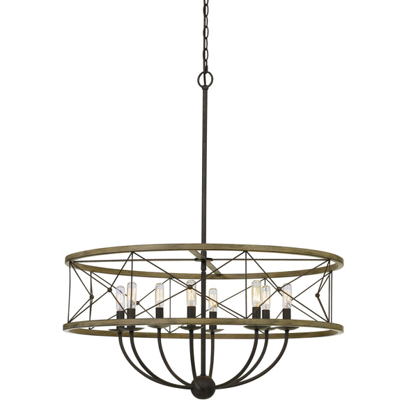Round Wooden Frame Pendant Fixture With Metal Lattice Design Dark Bronze