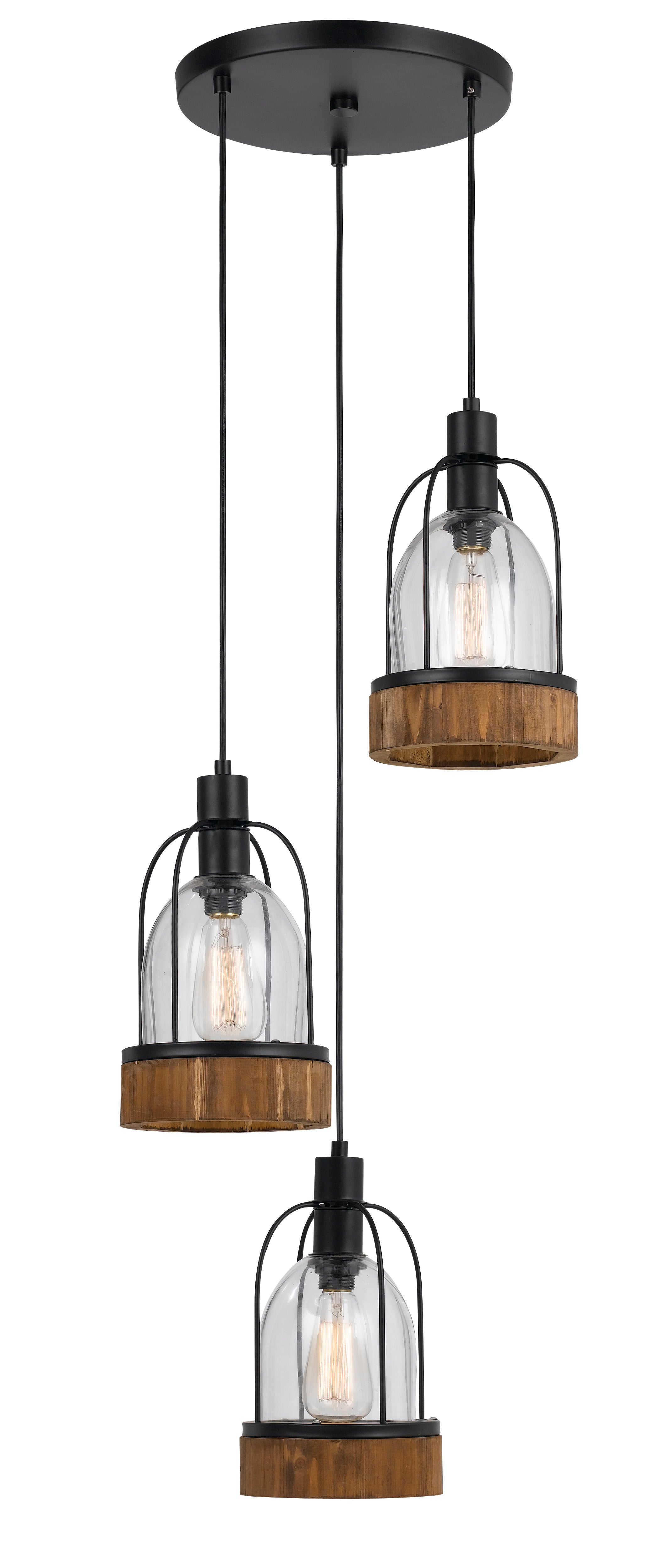 60 X 3 Watt Metal And Wood Pendant With Glass Encasing Brown And Black-zoom-1