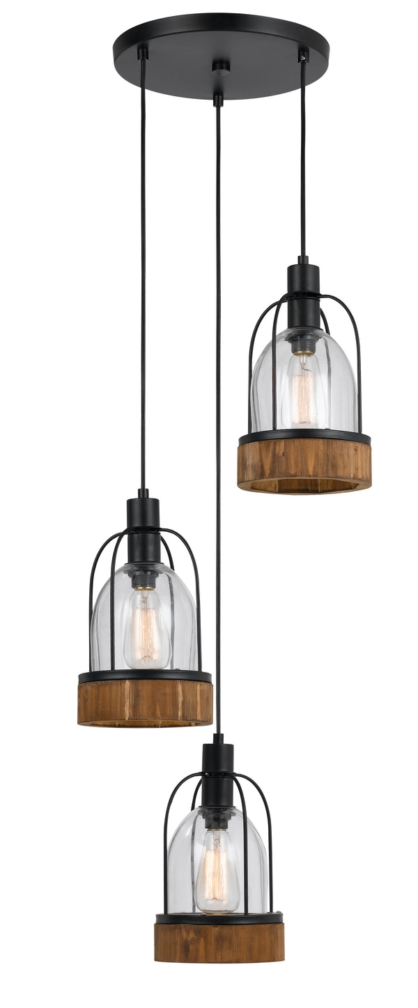 60 X 3 Watt Metal And Wood Pendant With Glass Encasing Brown And Black