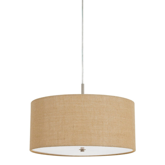 Metal Pendant Lighting With Fabric Circular Drum Shade And Cord Beige