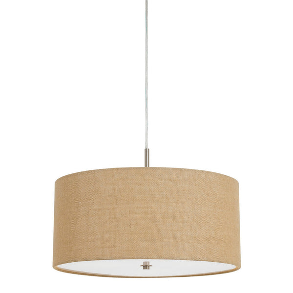 Metal Pendant Lighting With Fabric Circular Drum Shade And Cord Beige
