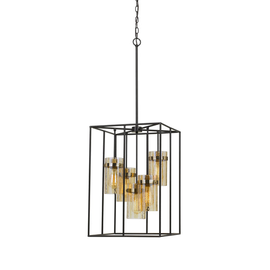 Rectangular Cage Design Metal Pendant Fixture With Glass Shade Black